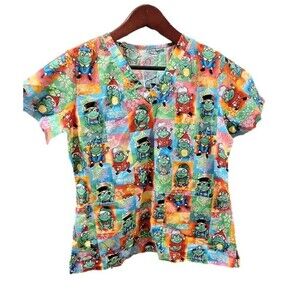 Peaches Uniform Nurse Scrub Top Christmas Frogs CNA Short Sleeve 2 Pockets Sz M